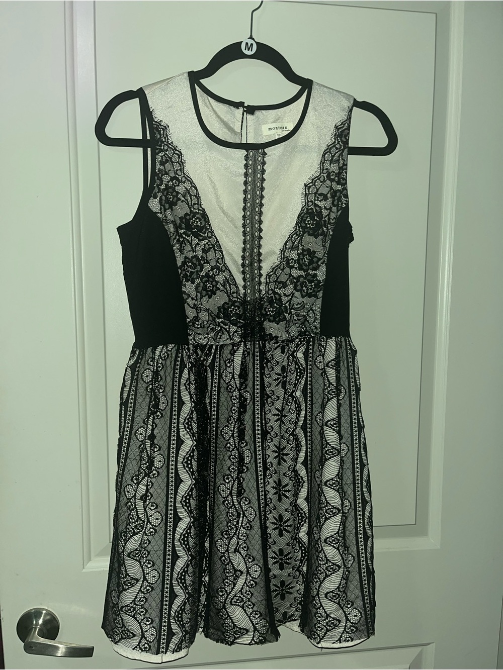 Monteau Los Angeles Satin Tank Dress with Black Lace Trim - Silver/Black